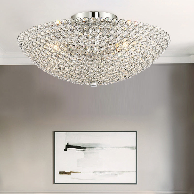 Postmodern Dome Ceiling Light Metal and Crystal 3 Lights Bedroom Semi Flush Mount Light in Chrome