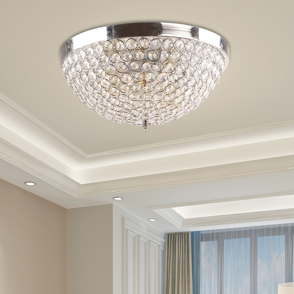 Dome Ceiling Light Fixture Contemporary Faceted Crystal Ball 2 Lights Chrome Flush Mount Light