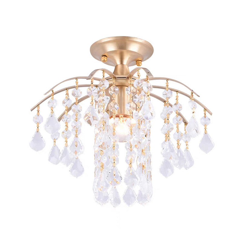 Modern Cascade Semi Flush Mount Crystal 1 Light Corridor Ceiling Light Fixture in Gold