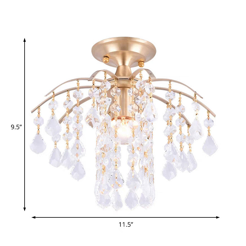 Modern Cascade Semi Flush Mount Crystal 1 Light Corridor Ceiling Light Fixture in Gold