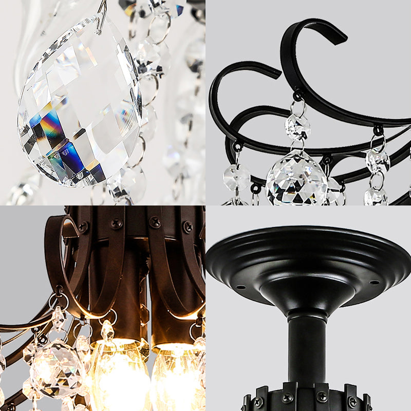 Postmodern Curve Arm Ceiling Light Faceted Crystal Ball 3 Lights Corridor Semi Flush Mount Light in Gold/Black