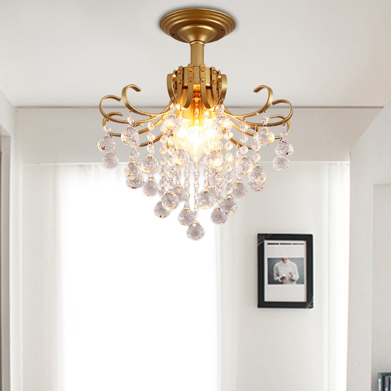 Postmodern Curve Arm Ceiling Light Faceted Crystal Ball 3 Lights Corridor Semi Flush Mount Light in Gold/Black