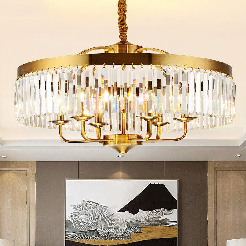 8 Lights Living Room Hanging Ceiling Light with Drum Crystal Block Shade Modern Brass Chandelier Light