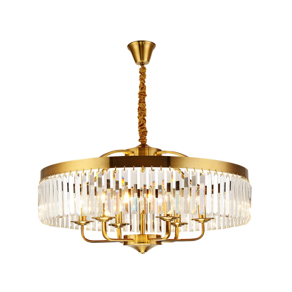 8 Lights Living Room Hanging Ceiling Light with Drum Crystal Block Shade Modern Brass Chandelier Light