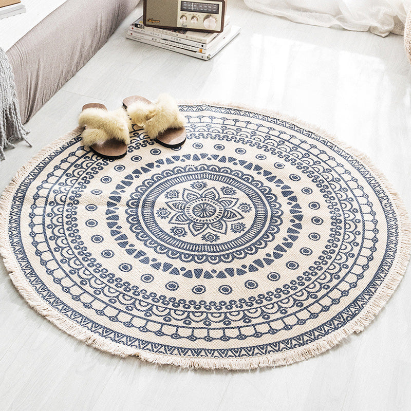 Multi Colored Tribal Patterned Rug Cotton Blend Ethnic Area Rug Easy Care Hand Woven Carpet with Tassel for Bedroom