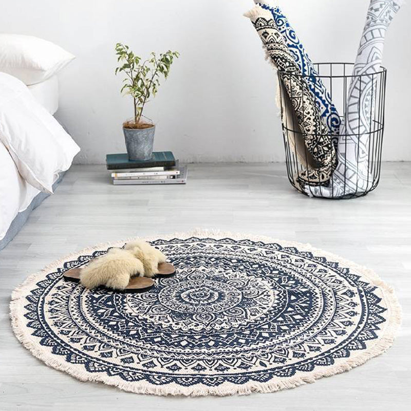 Multi-Color Bedroom Rug Vintage Tribal Symbols Area Carpet Polyster Easy Care Machine Washable Rug with Tassel