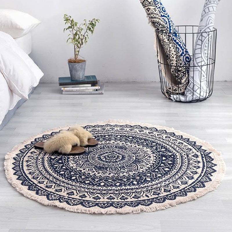 Multi-Color Bedroom Rug Vintage Tribal Symbols Area Carpet Polyster Easy Care Machine Washable Rug with Tassel