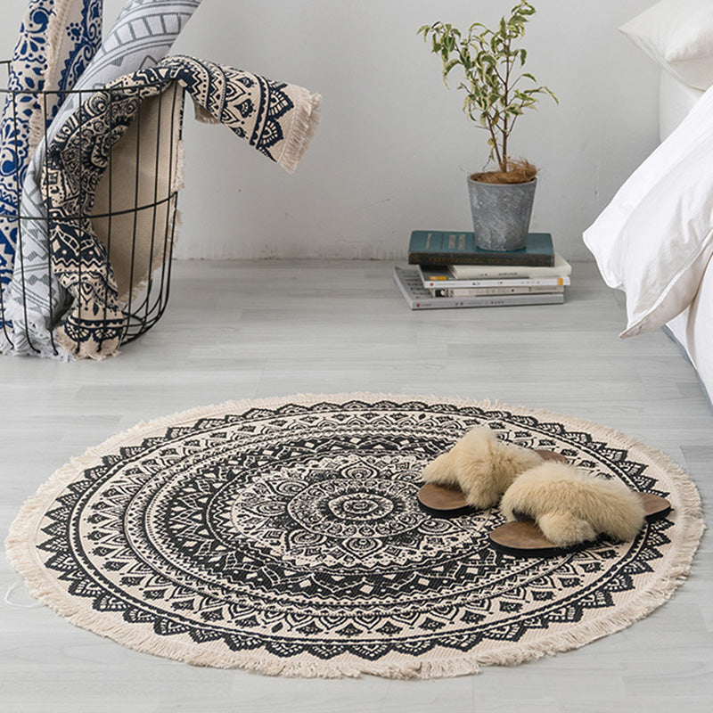 Multi-Color Bedroom Rug Vintage Tribal Symbols Area Carpet Polyster Easy Care Machine Washable Rug with Tassel