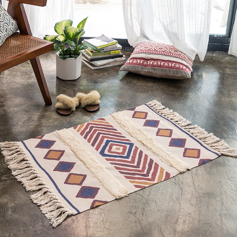 Moroccan Decoration Rug Multi-Color Southwestern Print Carpet Cotton Blend Pet Friendly Washable Area Rug with Tassel