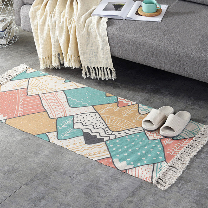 Casual Multi-Color Retro Rug Cotton Blend Geometric Print Carpet Machine Washable Easy Care Rug with Tassel for Decor