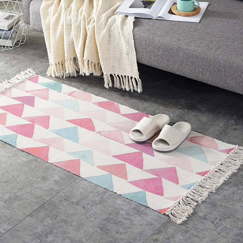 Casual Multi-Color Retro Rug Cotton Blend Geometric Print Carpet Machine Washable Easy Care Rug with Tassel for Decor