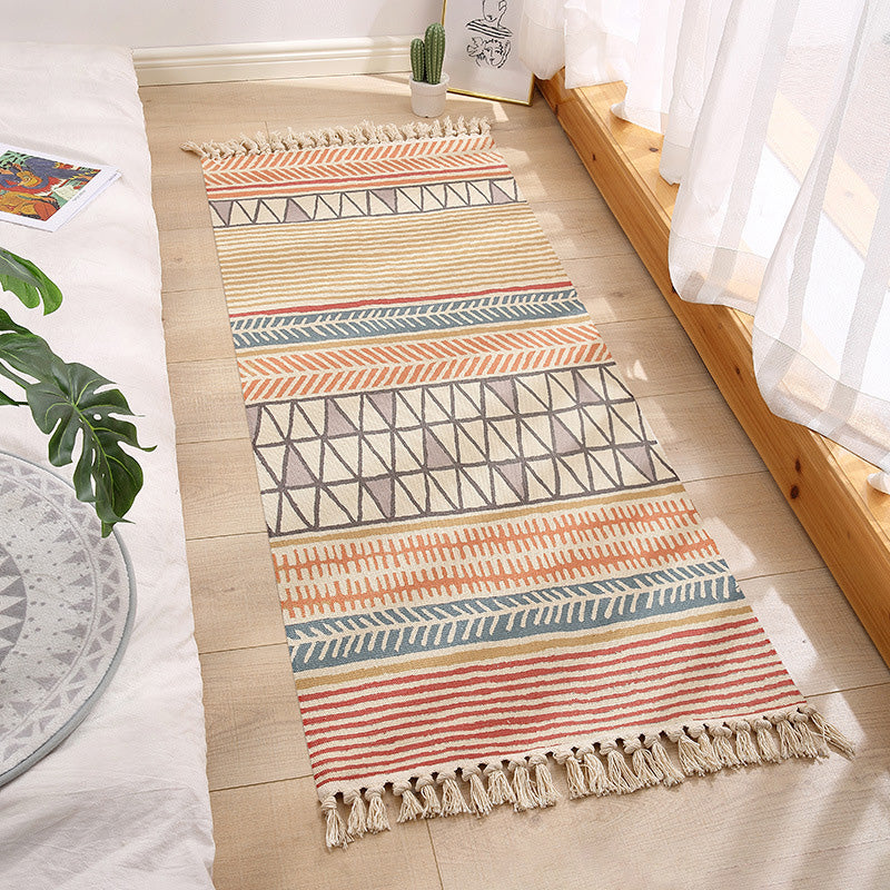 Multi-Colored Vintage Rug Cotton Blend Tribal Patterned Area Rug Washable Stain-Resistant Carpet with Tassel for Room