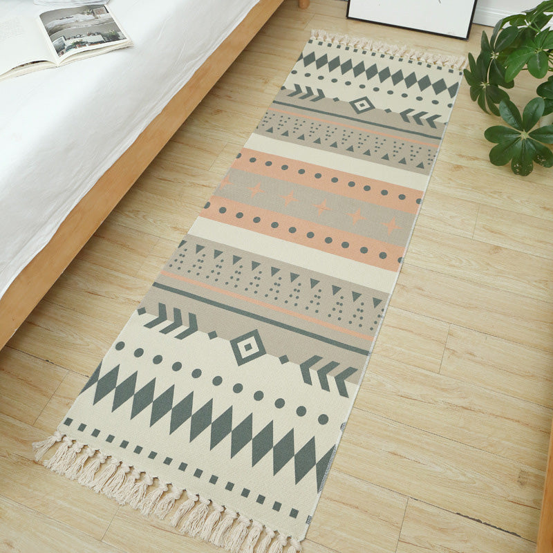 Multi-Colored Vintage Rug Cotton Blend Tribal Patterned Area Rug Washable Stain-Resistant Carpet with Tassel for Room