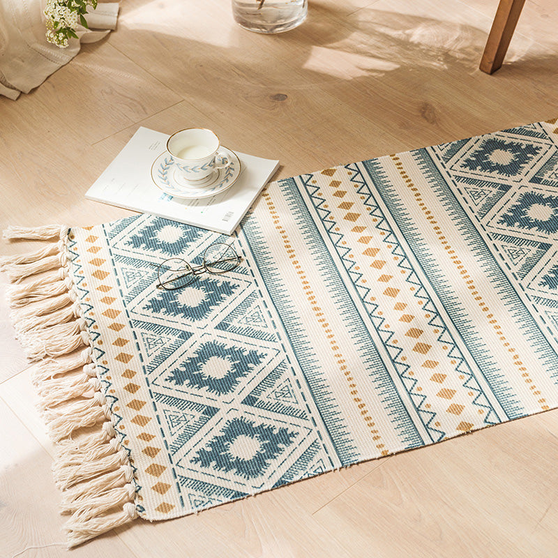 Multi -kleuren retro tapijt katoen blend tribal totem binnen tapijt handgemaakt huisdiervriendelijk tapijt met rand voor woningdecoratie