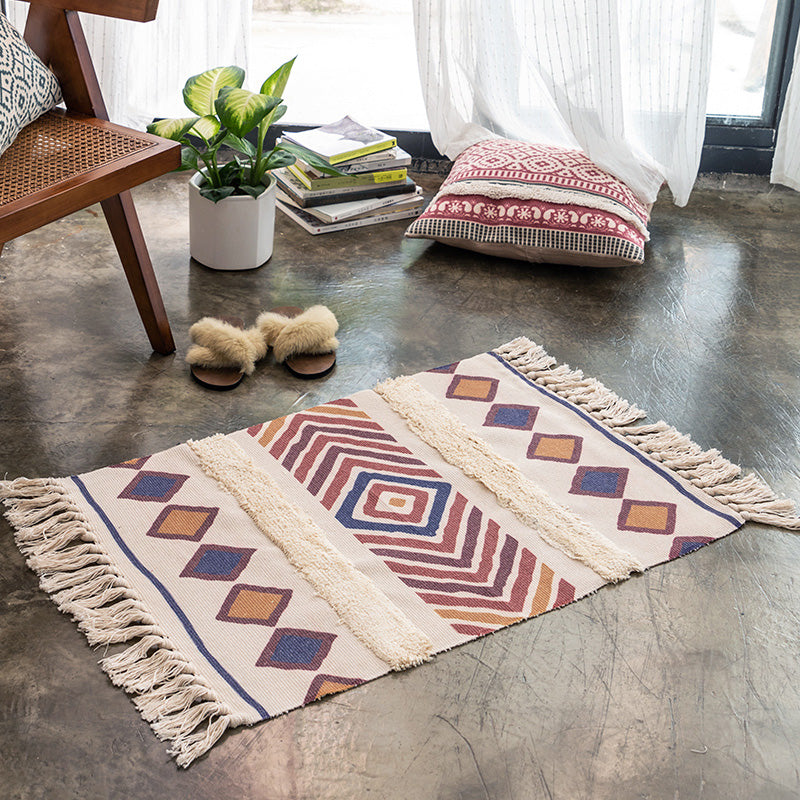 Multi -kleuren retro tapijt katoen blend tribal totem binnen tapijt handgemaakt huisdiervriendelijk tapijt met rand voor woningdecoratie