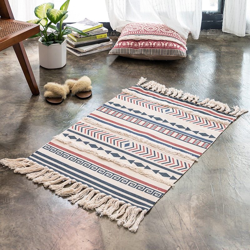 Multi Color Retro Rug Cotton Blend Tribal Totem Indoor Rug Handmade Pet Friendly Carpet with Fringe for Home Decor