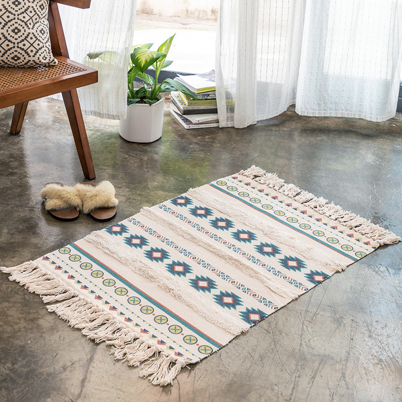 Multi -kleuren retro tapijt katoen blend tribal totem binnen tapijt handgemaakt huisdiervriendelijk tapijt met rand voor woningdecoratie