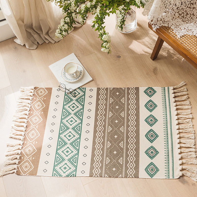 Multi -kleuren retro tapijt katoen blend tribal totem binnen tapijt handgemaakt huisdiervriendelijk tapijt met rand voor woningdecoratie