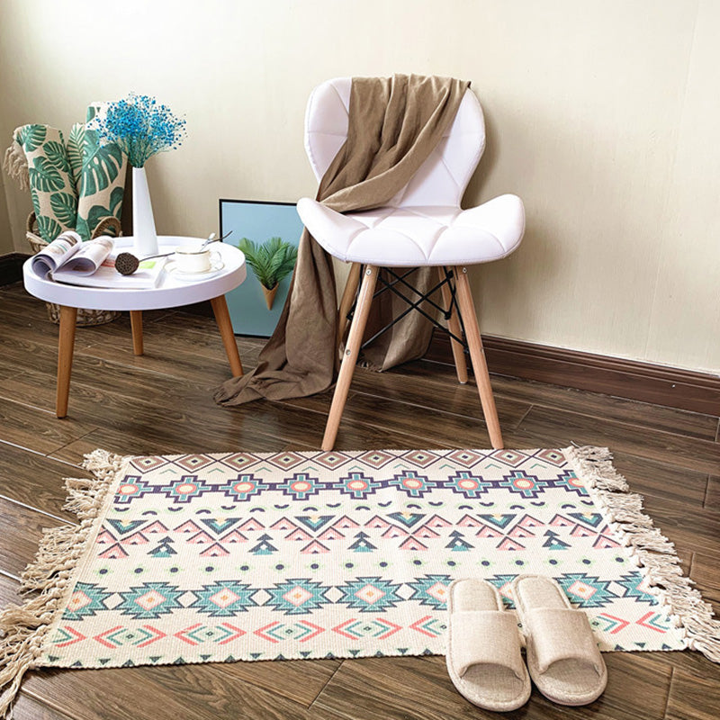 Western Bedroom Rug Multi Colored Tribal Geo Carpet Cotton Blend Easy Care Washable Area Rug with Tassel