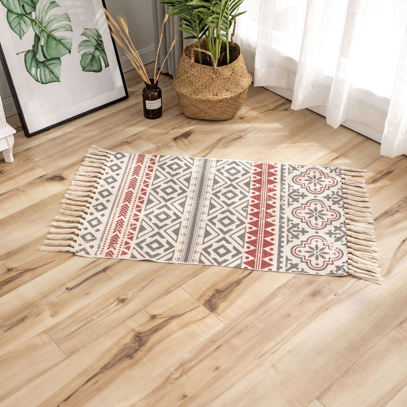 Classic Geometric Printed Rug Multi-Colored Cotton Blend Carpet Easy Care Washable Rug with Fringe for Bedroom