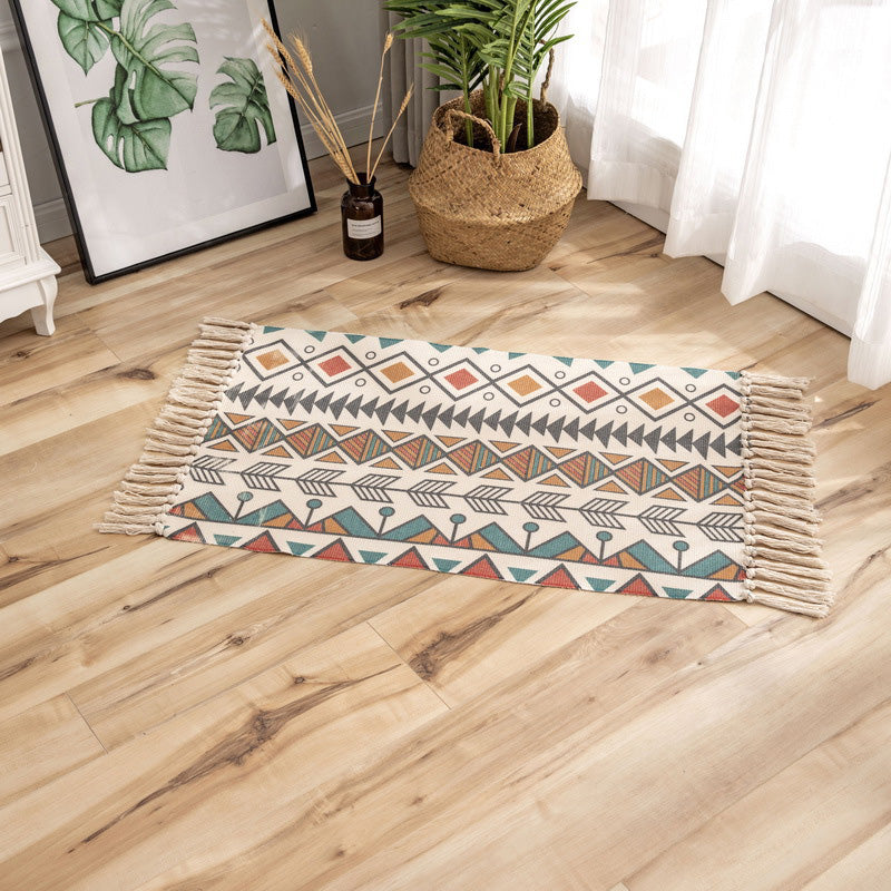 Classic Geometric Printed Rug Multi-Colored Cotton Blend Carpet Easy Care Washable Rug with Fringe for Bedroom