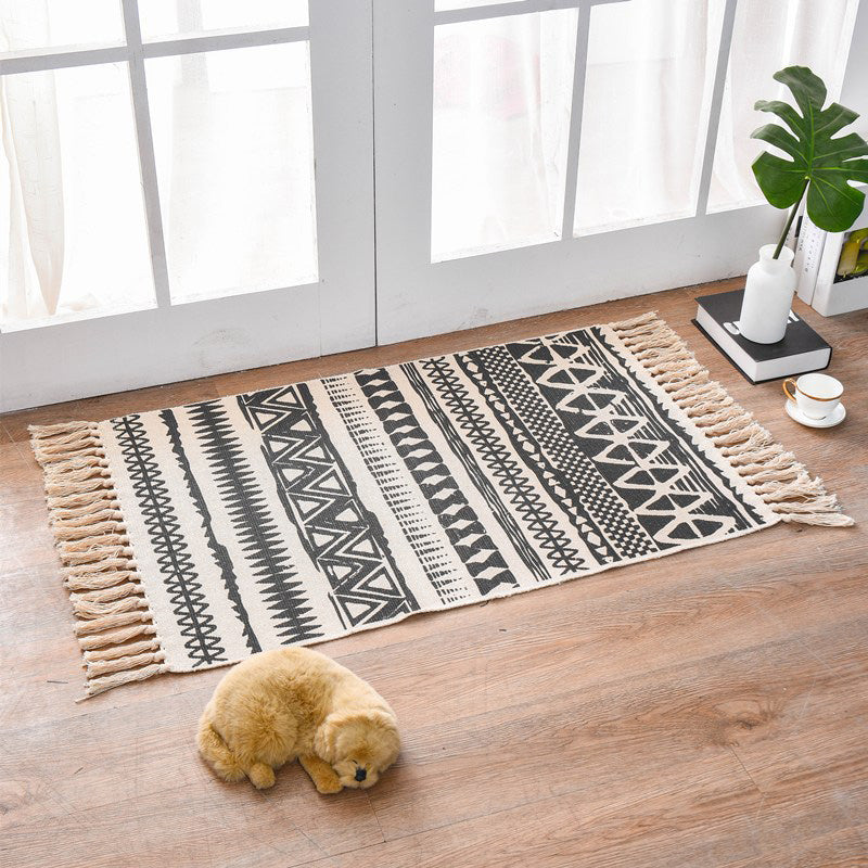 Classic Geometric Printed Rug Multi-Colored Cotton Blend Carpet Easy Care Washable Rug with Fringe for Bedroom