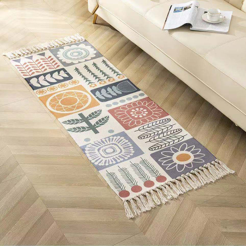 Classic Geometric Printed Rug Multi-Colored Cotton Blend Carpet Easy Care Washable Rug with Fringe for Bedroom