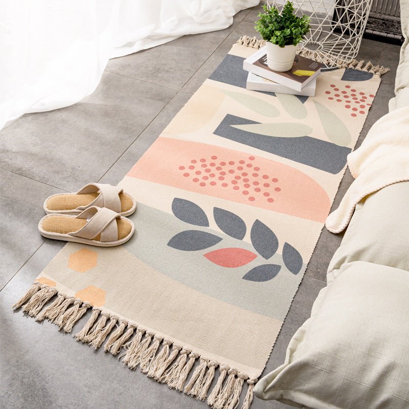 Relaxing Multi Color Retro Rug Cotton Patterned Carpet Machine Washable Indoor Rug with Tassel for Decor