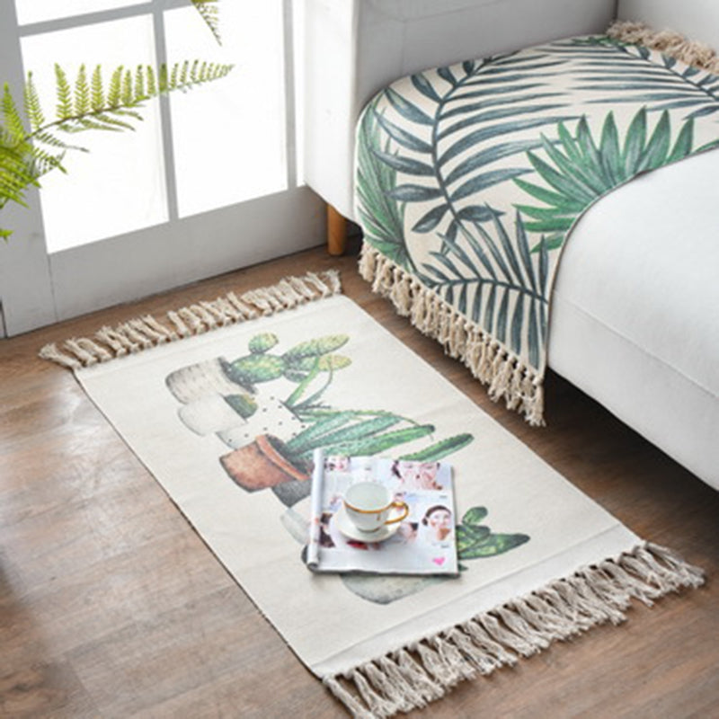 Western Bedroom Rug Multi-Colored Geometric Print Carpet Cotton Blend Machine Washable Easy Care Rug with Fringe