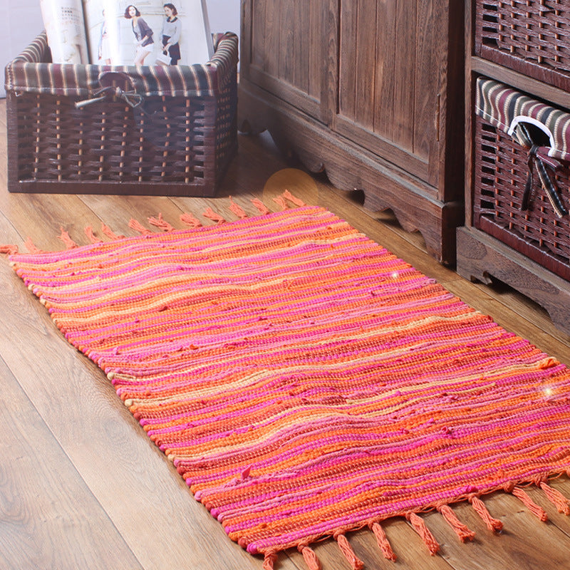 Bohemian Bedroom Rug Multi Colored Striped Pattern Area Rug Cotton Easy Care Washable Carpet with Tassel