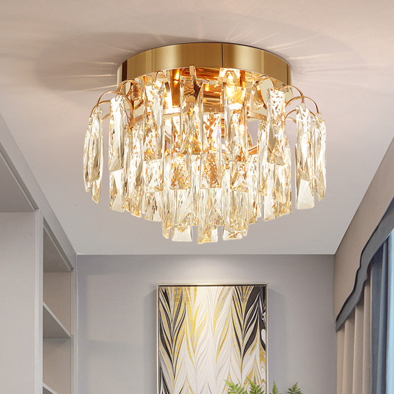 Round Flush Mount Light Modern Faceted Clear Crystal Prism 2 Lights Chrome/Gold Ceiling Light