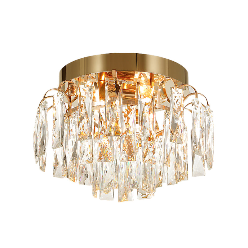 Round Flush Mount Light Modern Faceted Clear Crystal Prism 2 Lights Chrome/Gold Ceiling Light