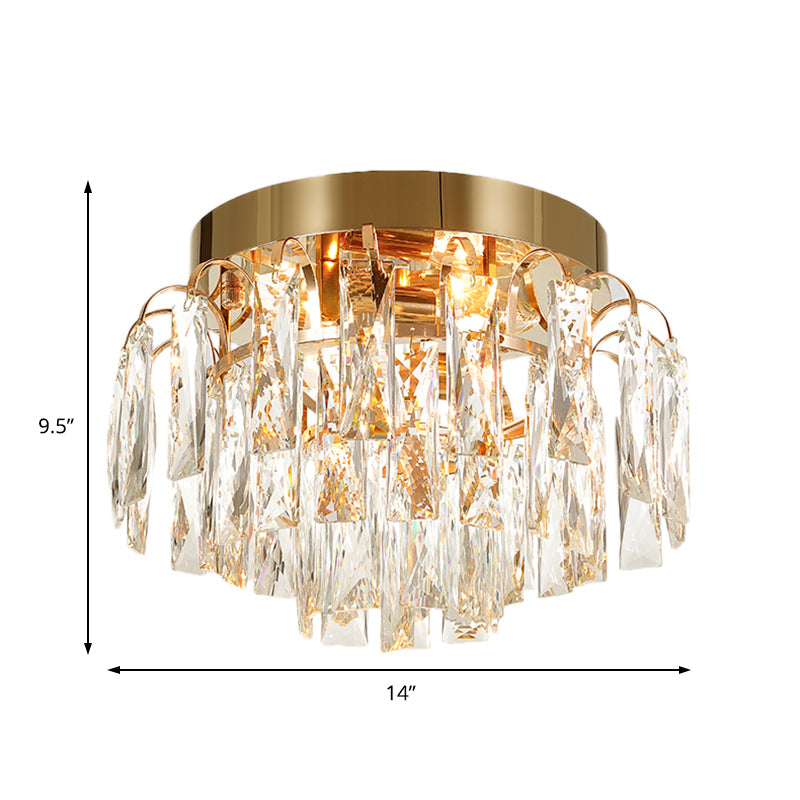 Round Flush Mount Light Modern Faceted Clear Crystal Prism 2 Lights Chrome/Gold Ceiling Light