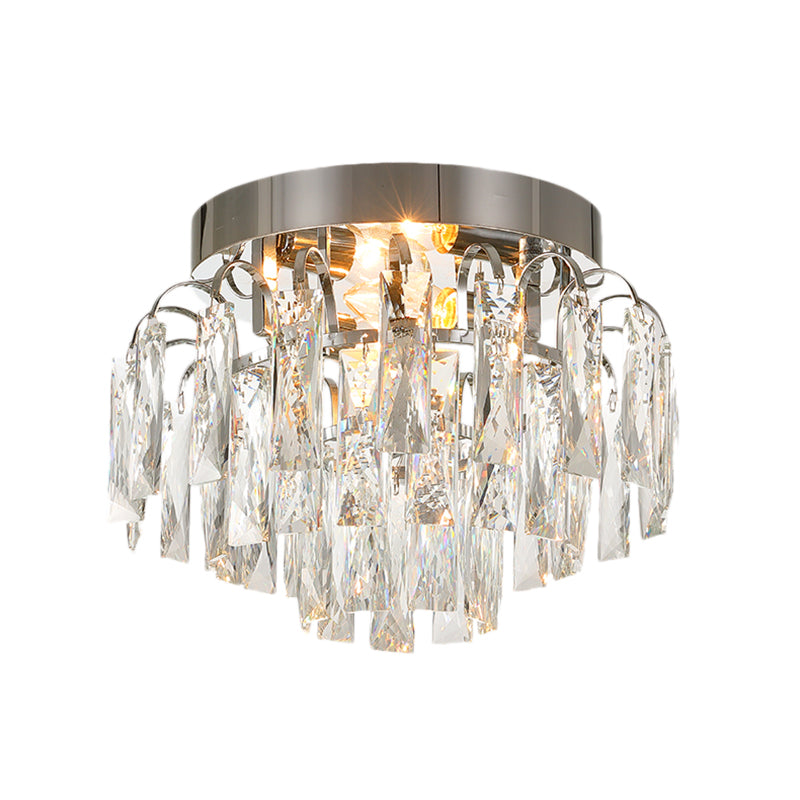 Round Flush Mount Light Modern Faceted Clear Crystal Prism 2 Lights Chrome/Gold Ceiling Light