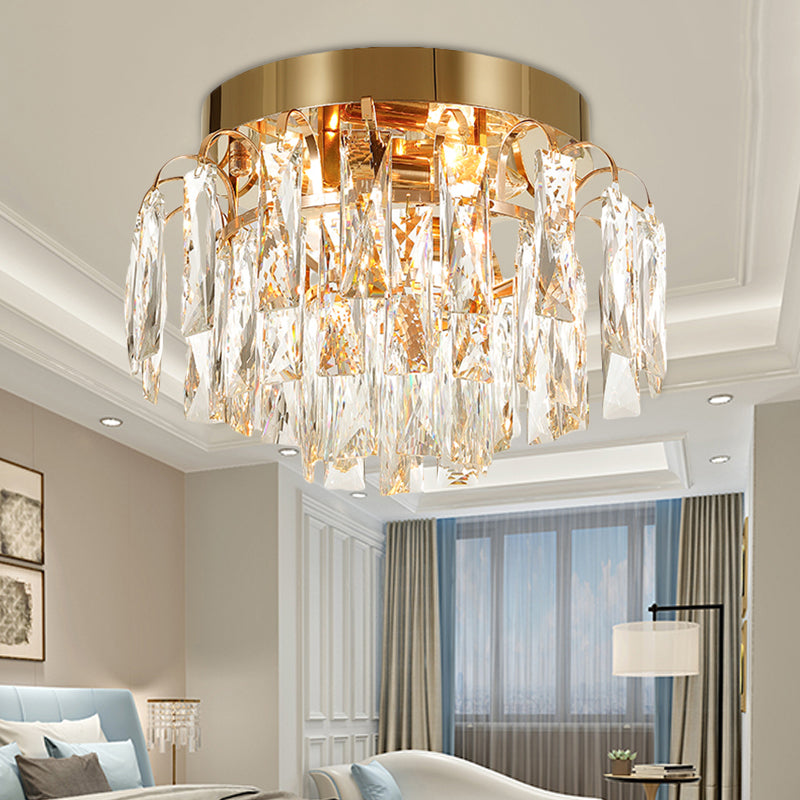 Round Flush Mount Light Modern Faceted Clear Crystal Prism 2 Lights Chrome/Gold Ceiling Light