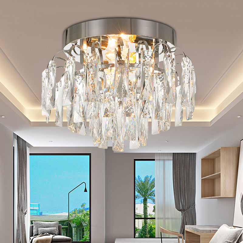 Round Flush Mount Light Modern Faceted Clear Crystal Prism 2 Lights Chrome/Gold Ceiling Light