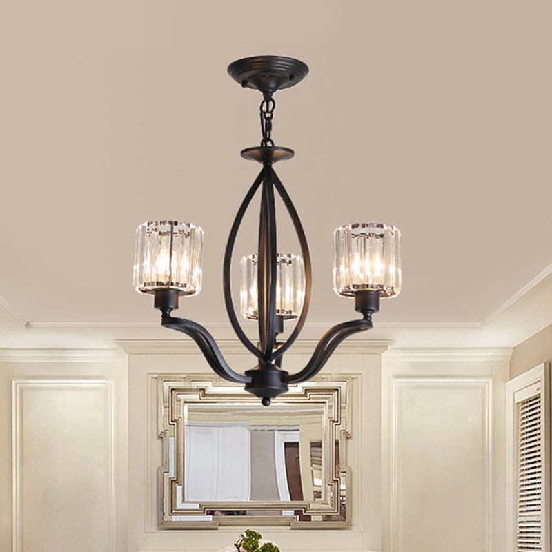 Simple Cylinder Chandelier Light Crystal Block 3/6 Lights Bedroom Ceiling Light Fixture in Black