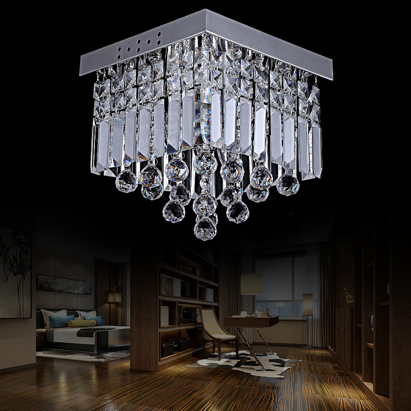 Cubic Ceiling Mount Modern Crystal 2 Lights Chrome Flush Mount Light Fixture for Bedroom