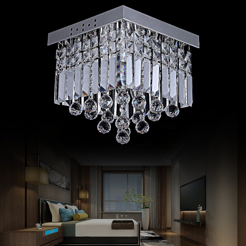 Cubic Ceiling Mount Modern Crystal 2 Lights Chrome Flush Mount Light Fixture for Bedroom