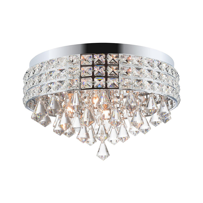 Contemporary Drum Flush Mount Light Crystal and Metal 4 Lights Bedroom Ceiling Fixture in Silver