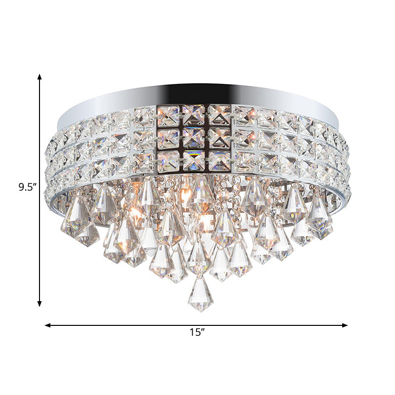 Contemporary Drum Flush Mount Light Crystal and Metal 4 Lights Bedroom Ceiling Fixture in Silver