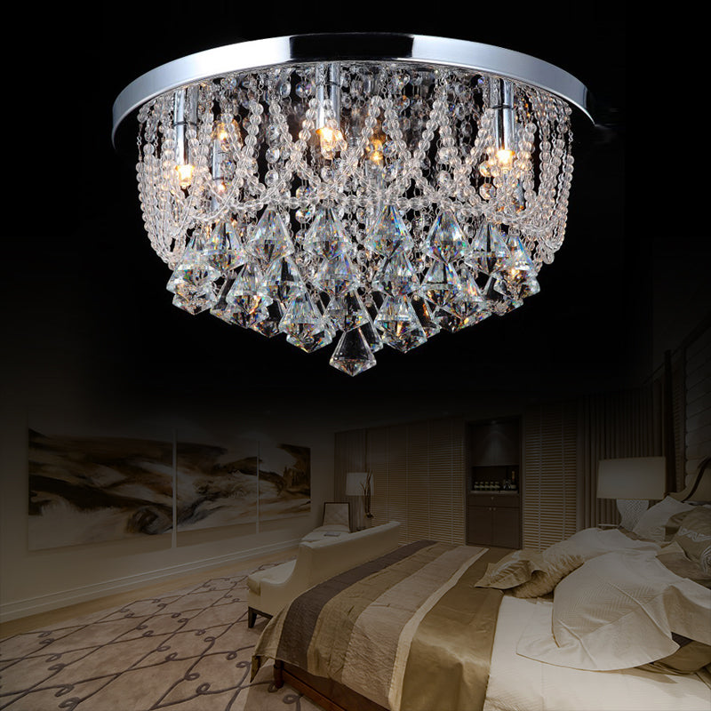 Dome Flush Light Fixture Modern Crystal Strand 3 Lights 14"/18" Wide Chrome Ceiling Lamp for Bedroom