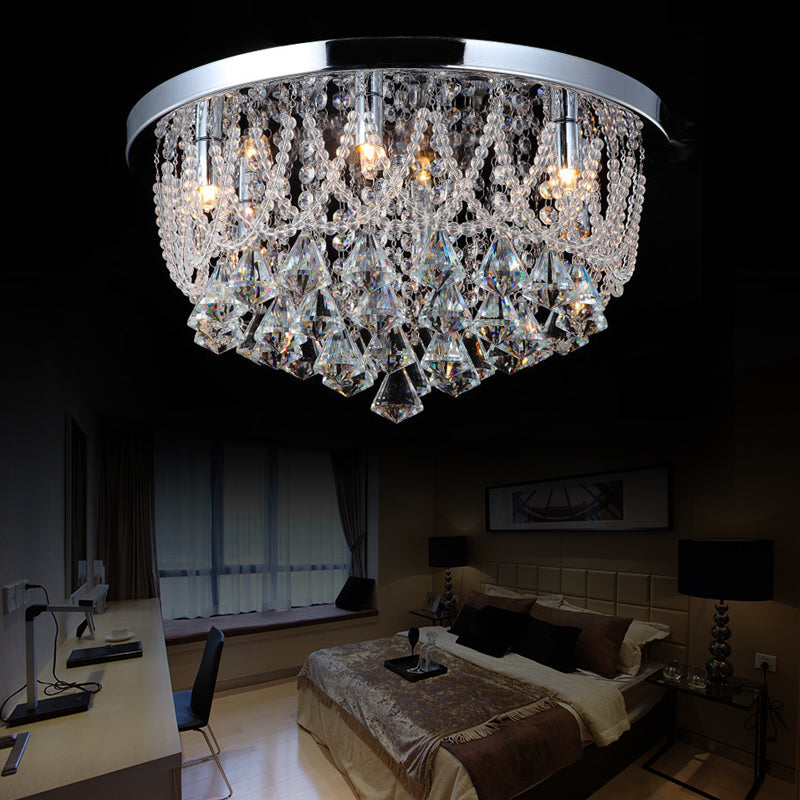 Dome Flush Light Fixture Modern Crystal Strand 3 Lights 14"/18" Wide Chrome Ceiling Lamp for Bedroom