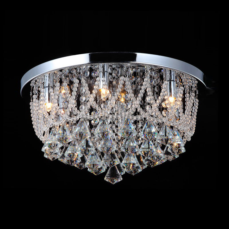 Dome Flush Light Fixture Modern Crystal Strand 3 Lights 14"/18" Wide Chrome Ceiling Lamp for Bedroom