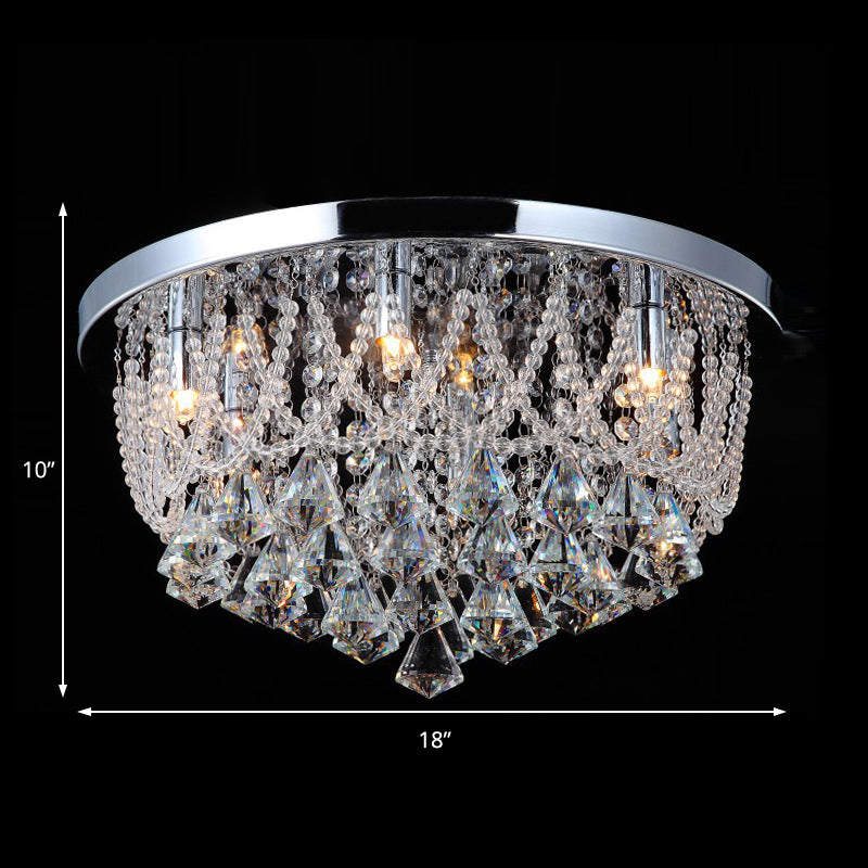 Dome Flush Light Fixture Modern Crystal Strand 3 Lights 14"/18" Wide Chrome Ceiling Lamp for Bedroom