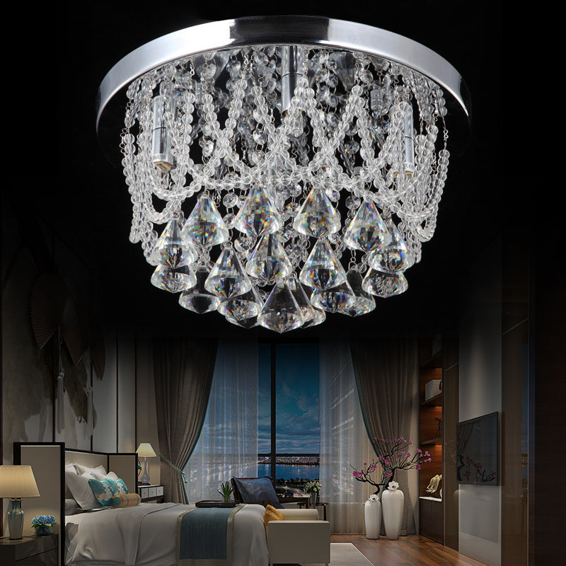 Dome Flush Light Fixture Modern Crystal Strand 3 Lights 14"/18" Wide Chrome Ceiling Lamp for Bedroom