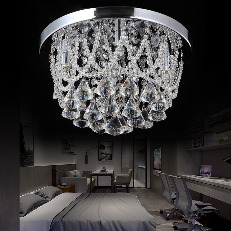 Dome Flush Light Fixture Modern Crystal Strand 3 Lights 14"/18" Wide Chrome Ceiling Lamp for Bedroom