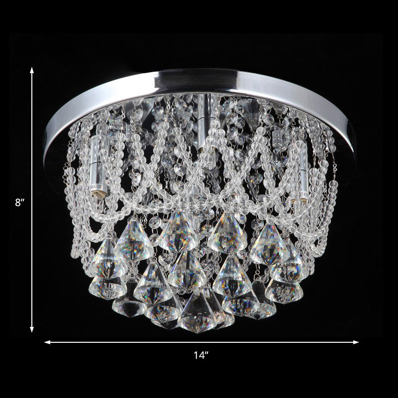 Dome Flush Light Fixture Modern Crystal Strand 3 Lights 14"/18" Wide Chrome Ceiling Lamp for Bedroom