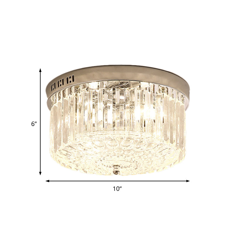 Chrome Drum Flush Light Fixture Modern 3 Lights Rectangular-Cut Crystal Light Fixture for Bedroom, 10"/14" Wide