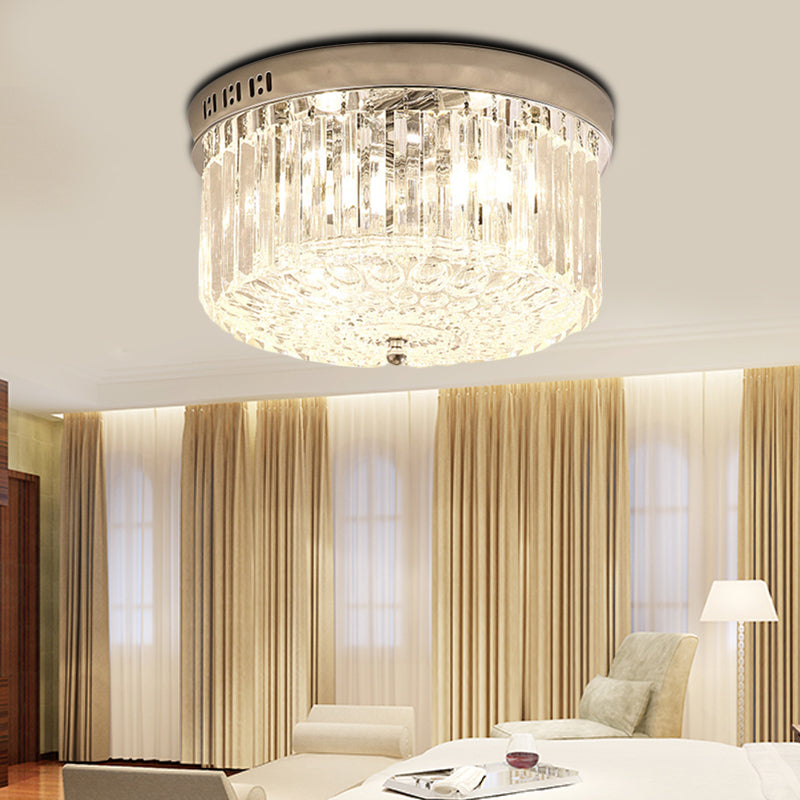 Chrome Drum Flush Light Fixture Moderno 3 luci Rettangolare-Cut Crystal Light Fixture per camera da letto, 10 "/14" Wide